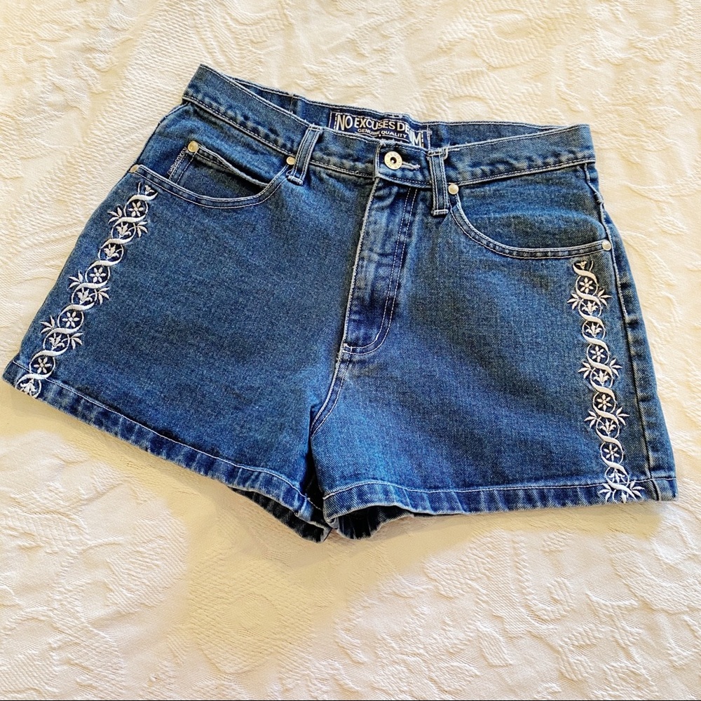 Denim Embroidered High-Waist Women’s Shorts - Blue